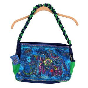 Laurel Burch Purse Shoulder Bag‎ Colorful Vibrant Blue Dogs Sequins Canvas Tote